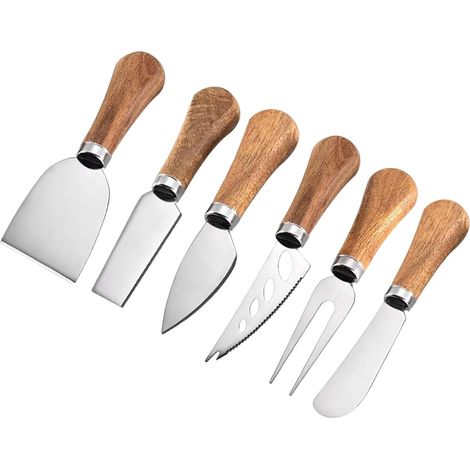 Lot de 6 couteaux à fromage avec manche en bois, mini couteaux à fromage en acier inoxydable pour charcuterie et tartinade, parfait pour trancheuse à fromage et coupe-beurre (1/5)