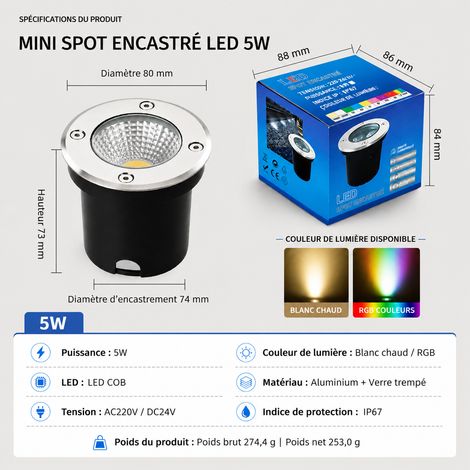 Spot encastrable de sol extérieur LED COB 5W 80 mm blanc chaud aluminium IP67 24V blanc chaud 8,5 × 8,5 × 8,5 cm 274 g – Livraison gratuite