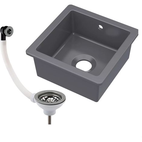 Balterley Dark Grey Fireclay Ceramic Single Bowl Square Undermount Kitchen Sink with Overflow and Brushed Nickel Waste, 457mm