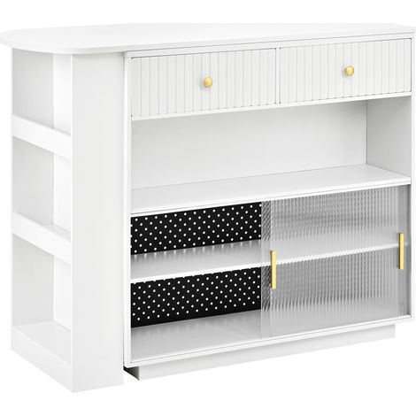 Table de bar moderne, buffet extensible pivotant à 360°, avec espace de rangement et éclairage LED, buffet réversible avec panneau perforé et prises, table de bar pour cuisine et salle à manger (blanc