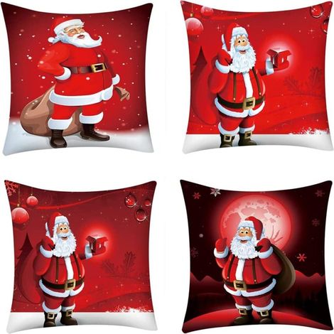 Lot 4 housses coussin 45×45cm coton lin imprimé Noël cerf Père Noël canapé bureau (1/5)