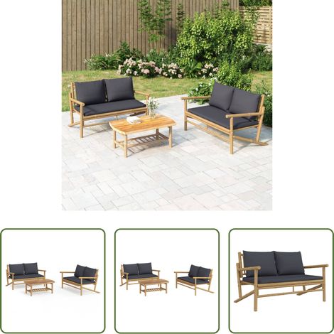 vidaXL Gartenbank -  3-tlg. Garten-Lounge-Set mit Dunkelgrauen Kissen Bambus (1/5)