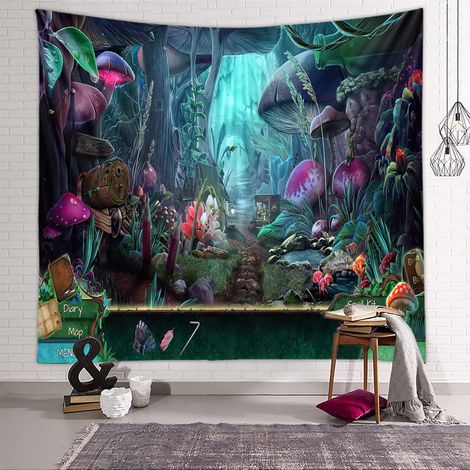 Tenture Murale Forêt Jardin - Tapisserie Hippie Psychédélique avec Plantes et Champignons, Décoration Murale Abstraite pour Salon et Chambre (1/5)