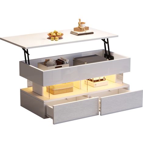 Table basse relevable 100x50x46 cm avec plateau réglable en hauteur et rangement caché, table d’appoint haute brillance avec LED, table basse avec 2 tiroirs,Blanc,MDF + Acrylique