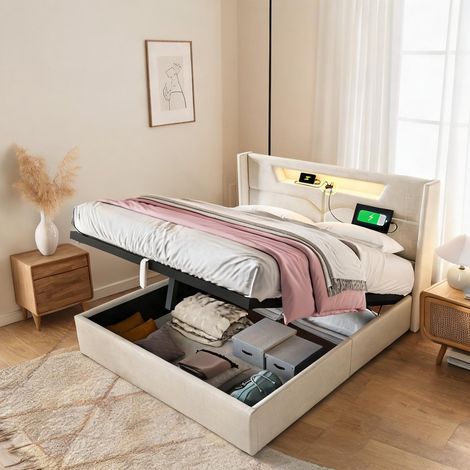 Cadre de lit beige en lin 148 x 212 x 109 cm (1/5)