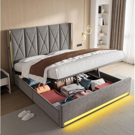 DESVIAE Lit coffre en velours gris foncé avec tête de lit haute capitonnée, ports USB et Type C, LED intégrée, rangement sous lit, 180 x 200 cm (1/5)