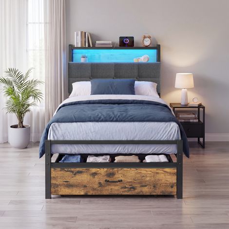 Lit Simple 90 x 190 cm, avec Tiroir et LED, Cadre Métallique, Tête de Lit Rembourrée, Chargeur Intégré, Noir et Marron (1/5)