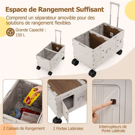 Chariot de Plage Pliable avec Caisses de Rangement à 2 Niveaux Chariot Portable avec 5 Roues Pivotantes Poignée Télescopique en Métal Blanc (1/3)