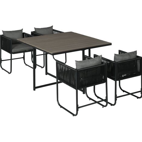 Set de jardín de 5 piezas en poliratán gris con mesa cuadrada y 4 sillas, estructura de acero (1/4)