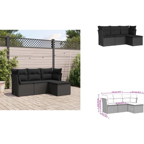 The Living Store Salon de jardin 4 pcs avec coussins noir résine tressée - Meuble de jardin (1/3)