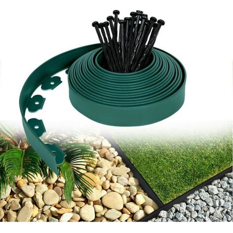 Flexible Plastic Lawn Edging Garden Edging, Grass and Stone Separation, with 30 Fixing Nails, 10m Long, Green, 10cm High (1/4)