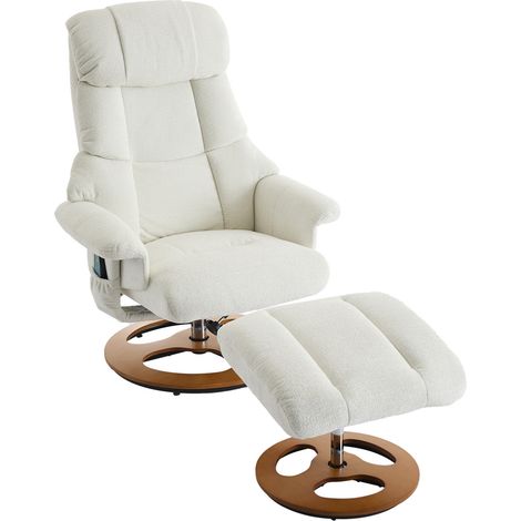 Sillón relax con masaje y calor, reclinable 140°, giratorio 360° y reposapiés, chenilla blanca (1/5)