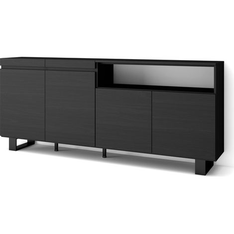 Skraut Home - Buffet salon et cuisine, Meuble de Rangement, Commode, 200x87x35cm, 4 Portes, Design industriel, Style moderne, Noir (1/5)
