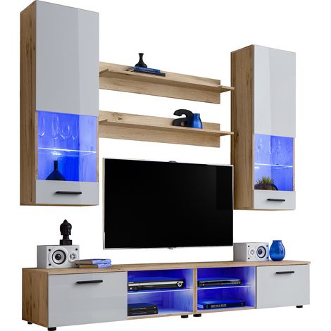 Extreme Furniture, Système mural Vida, (LxHxP): 200 x 195 x 45, Carcasse en Wotan Mat, Façades en Blanc Brillant, LED bleues (1/5)