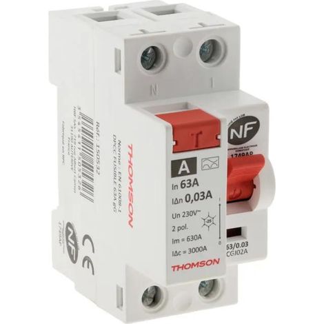 Thomson – Interrupteur différentiel type A 63A – Courant résiduel 30mA – Tension 230V/50Hz – Bornes à vis pour installation rapide