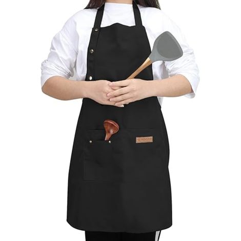 Tablier femme, tablier homme, tablier de cuisine en toile ajustable pour barbecue, chef, artiste culinaire - Noir (1/4)