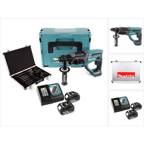 Makita DHR 202 RTJ 18 V Akku Kombihammer SDS-Plus im Makpac + 2x 5,0 Ah Akku + DC18RC Ladegerät + D-42444 SDS-Plus Bohrer-Meißel-Set 17 tlg. im Alu Koffer
