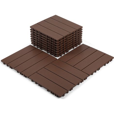 Wolketon Lot de 11 dalles de terrasse 1 m², 30 x 30 cm 4 Lattes, dalles en plastique, Dalles clipsables Marron (1/5)