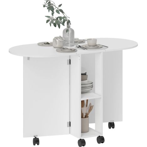 Table à manger pliante sur roulettes pour 4 personnes, 120x60x77cm, 2 abattants et 2 étagères, couleur blanche. (1/5)