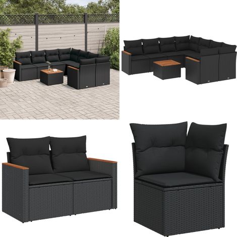 Salon de jardin 9 pcs avec coussins noir résine tressée - Ensemble Salon De Jardin - Mobilier Extérieur - Jardin Design - Chaise Lounge - Table Basse - Home & Living (1/5)