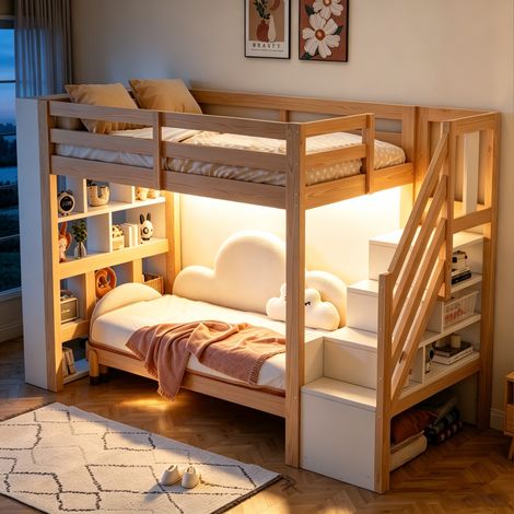 Lit mezzanine 90x200 cm 1 place, Lit surélevé en bois avec étagères de rangement, escalier et LED, bibliothèque, pour chambre enfant et ado, Naturel (1/5)