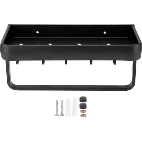Étagère de salle de bain 30 cm en aluminium, support mural creux, panier de rangement, organisateur (1 niveau avec barre et 5 crochets) (1/5)