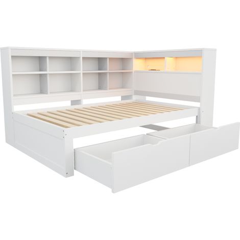 Cama individual de madera 90 x 200 cm con almacenaje, LED y puerto USB, blanca (1/5)