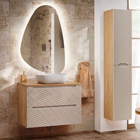 Conjunto de muebles con lavabo individual 80cm y columna Elora Beige y madera (1/5)