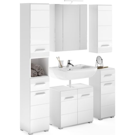 Set da bagno: mobile sotto lavabo + 2 mezze colonne + mobile contenitore con specchio e LED + colonna da bagno