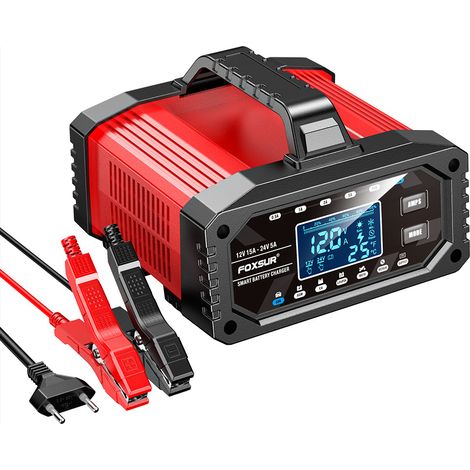 Chargeur de Batterie Voiture 12V 24V 15A FOXSUR – Courant Réglable 0,5-15A, 10 Étapes LCD, Mode Alimentation 0V, AGM GEL EFB LiFePO4, Auto Moto Camping-Car Bateau (1/4)