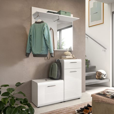 Meuble d'entrée + porte manteau miroir blanc - ICEDY (1/5)
