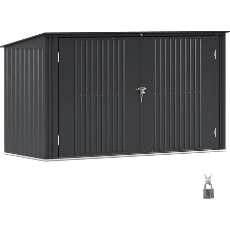 Abri à poubelles en acier pour trois conteneurs de 240 L, avec deux portes et un couvercle. Dimensions : 233 x 105 x 118,5/133 cm. Gris foncé.
