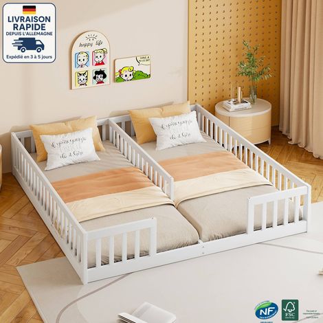 Lit double 90x200cm, pin, lit enfant, 2 positions, blanc, sommier sans lattes (1/5)