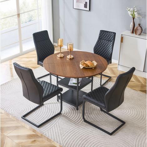 Essgruppe mit rundem Esstisch 107 cm und 4 Stühlen, MDF, schwarzes Metall, Industrie-Stil (1/5)