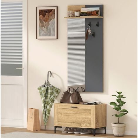 Garderobenset 68x35x43 cm naturgrau aus MDF mit Spiegel, Schuhbank und 3 Haken (1/5)