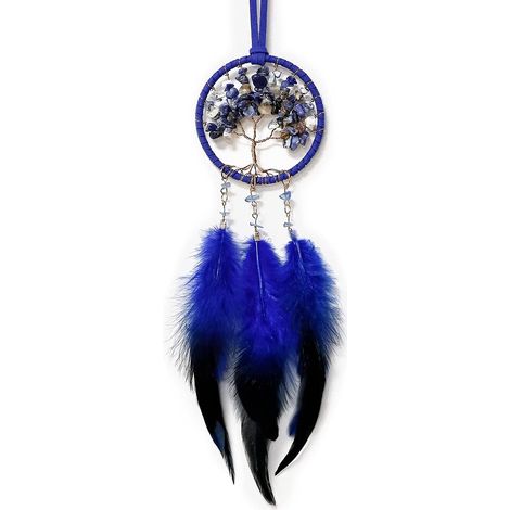 Attrape-rêves en plumes, petit modèle fait main, décoration pour voiture ou maison, arbre de vie, bleu. (1/5)