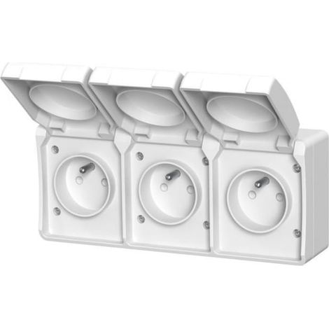 Dreifachsteckdose mit Erdung, Aufputzmontage, mit Klappe, Aqua Plus IP44, weiß / 40227