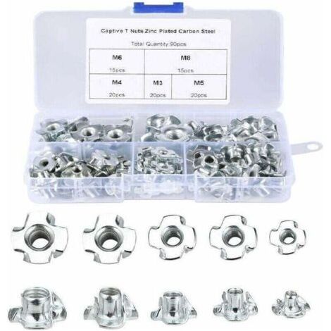 Claw Nuts 90Pcs Wood T-Nuts M3/M4/M5/M6/M8 Nuts for Woodworking Furniture, (1/4)