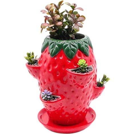 Pot à fraises empilable avec soucoupe, jardinière verticale en terre cuite, 18,5 x 15,5 x 15,5 cm, style fraise rouge, pour balcon, terrasse, jardin et intérieur (1/5)