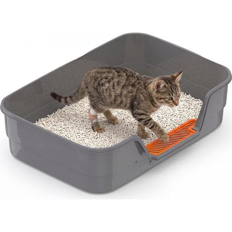 Low Entry Litter Tray for Kittens, Large Litter Boxes for Senior Cats Small Plastic Small Cats Litter Tray with Step Stool Easy Clean 24 x 16 x 5 in (L x W) (1/5)