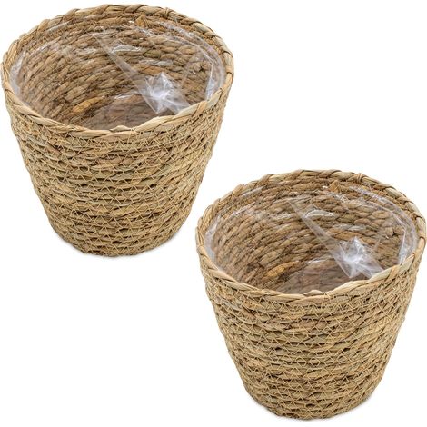 Seegras Pflanztopf natur mit Folie 19 x 16 cm - 2er Set - Naturfaser Blumentopf zum direkten Bepflanzen