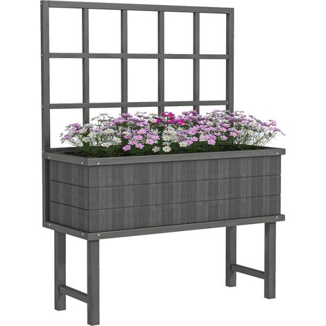 Outsunny Wood Raised Planter w/ Trellis Drain Holes Elevated Garden Bed Grey