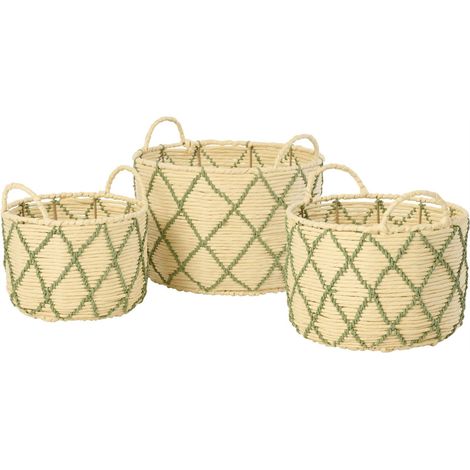 Set de 3 paniers ronds à anses - naturel et vert kaki (1/3)