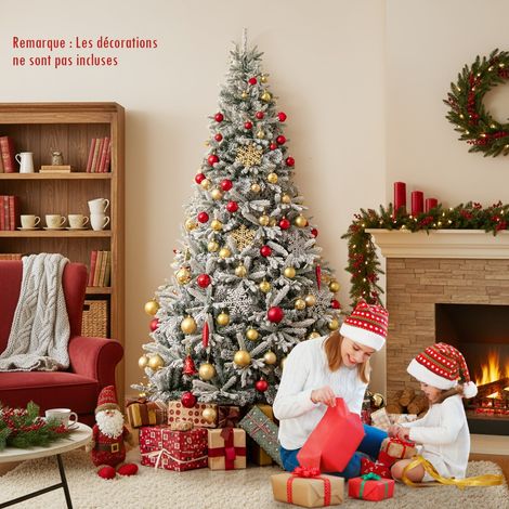 210 CM Sapin de Noël Artificiel Demi-Forme Pré-Éclairé Floqué de Neige avec 852 Pointes de Branches en PE&PVC 240 Lumières LED Blanc (1/3)
