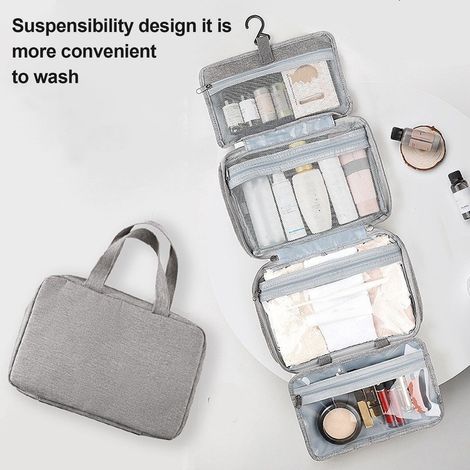 Sac De Toilette - Capacité Élevée - Compartiments Multiples - Imperméable - Pliable - Avec Crochet De Suspension - Gris Jaune - 1 Pièce (1/5)