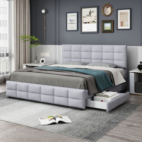 AS EASY Lit capitonné 180 x 200 cm, lit double avec 4 tiroirs, sommier à lattes et dossier, lit double en velours hypoallergénique pour adultes et adolescents, Gris (matelas non inclus) (1/5)