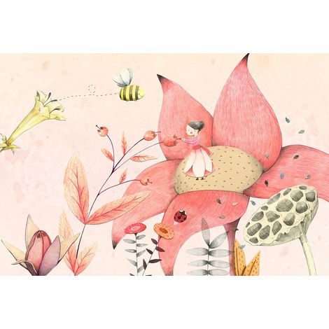 Papier peint panoramique chambre fille rose | Tapisserie panoramique chambre enfant motif fleur & abeille | Papier peint panoramique chambre bébé - 384 X 260 cm (8 pièces) (1/2)