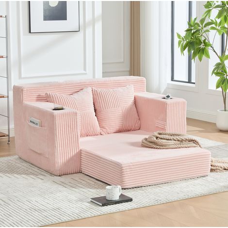 Canapé en velours côtelé rose avec accoudoirs, 2 coussins et poches latérales de rangement, assise confortable pour salon moderne ou coin lecture – CHICFURN (1/5)