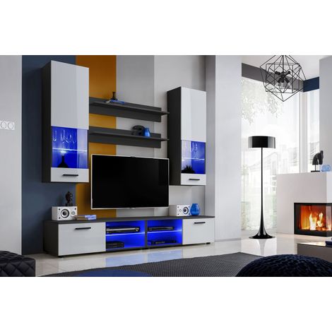Komodee, Ensembles de Meubles RTV Varallo, Noir/Blanc, Largeur 200cm x Hauteur 195cm x Profondeur 45cm, sans LED, pour Salon, Chambre (1/4)