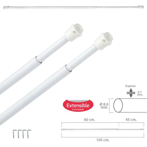 Voilage extensible 60/105 cm. avec ressort de pression, supports et ventouses (2 pièces) (1/2)